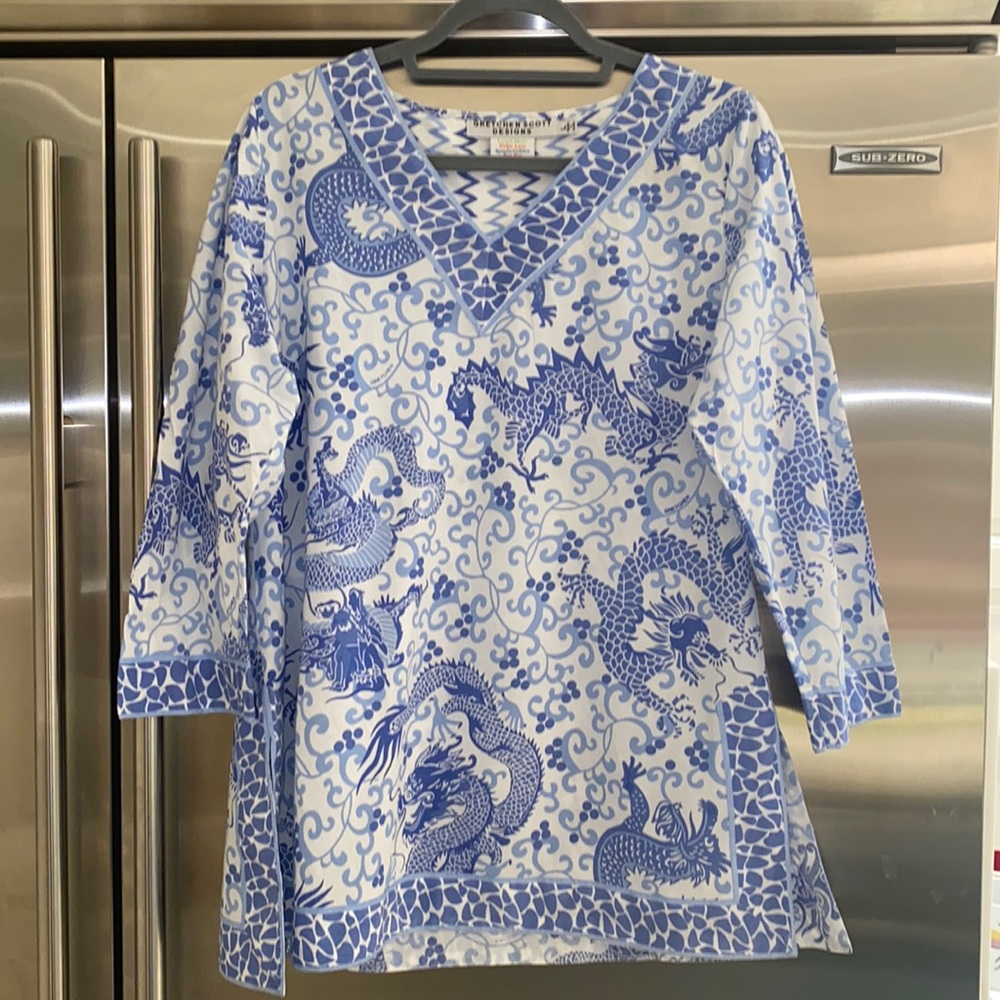 Gretchen Scott Chinese blue and white dragon cotton tunic